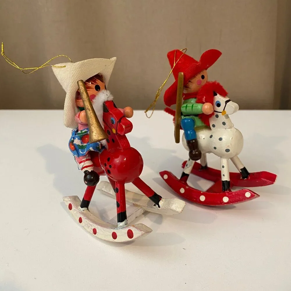 Vintage Folk Art Cowboy & Cowgirl Rocking Horse Ornaments 4